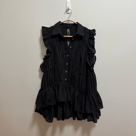 Anthropologie Dresses & Skirts - Anthropologie sleeveless ruffle tiered collared black mini shirt dress small NWT